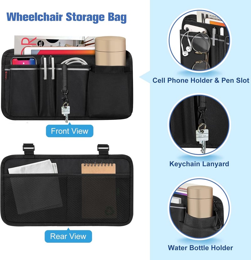 FINPAC Wheelchair Side Organizer Bag with Cup Holder, Wheelchair Armrest Accessories Pouch with Pen Slot and Reflective Strips for Power Wheelchairs, Walkers, Rollators, Adults, Seniors - Black - Image 2